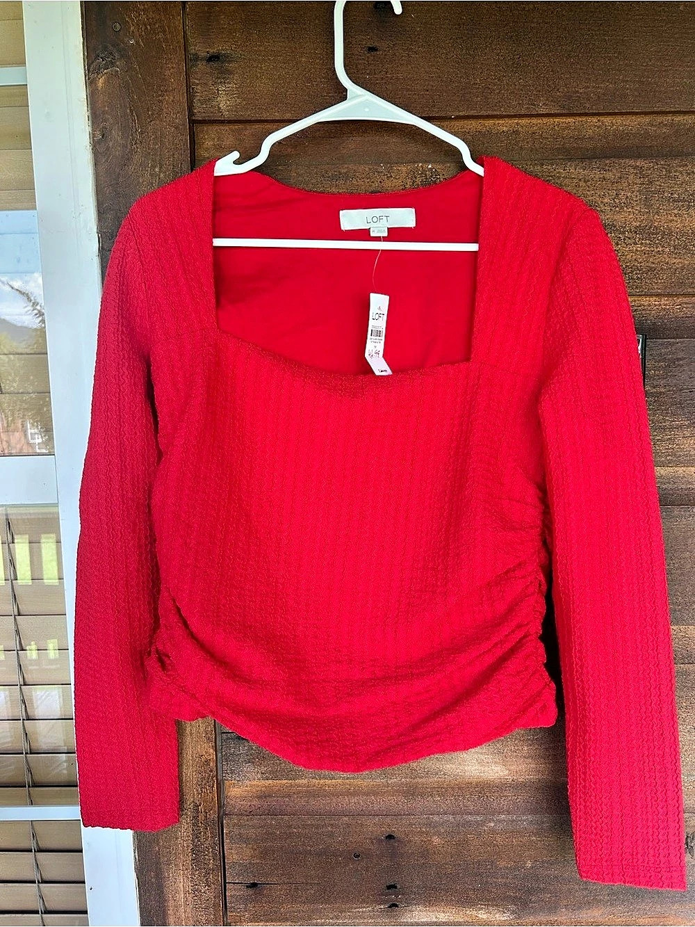 LOFT Red Square Neck Ruched Long Sleeve Top NWT M